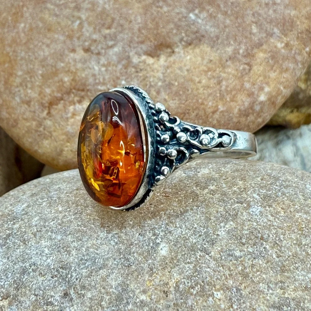 Vintage Cognac Baltic Amber Sterling Silver Filigree Ring Size 6